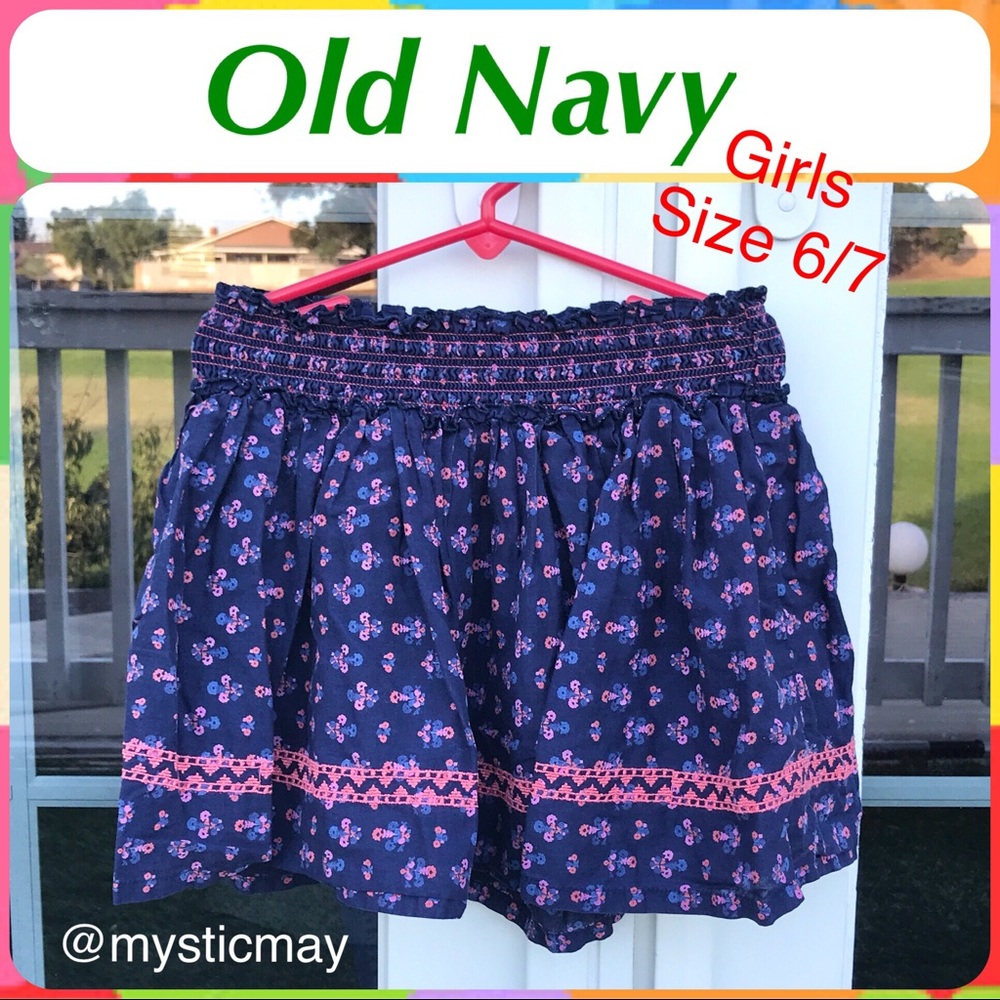Girls OLD NAVY Navy Blue and Pink Floral Smocked Waist Cotton Skirt Size S Kids